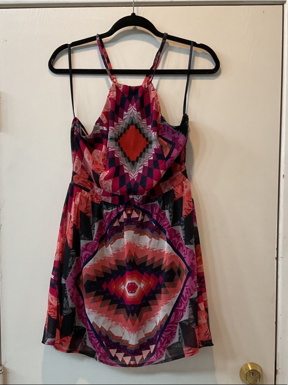2B Bebe Pink & Red Geometric Spaghetti Strap Mini Dress